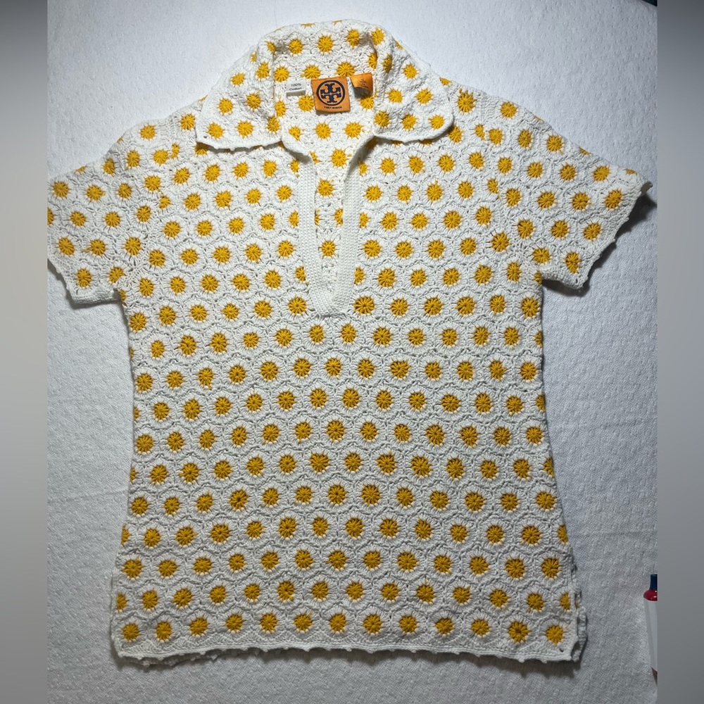 Tory Burch Medium poloYellow Starburst Knit/ crochet cotton feminine granny core
